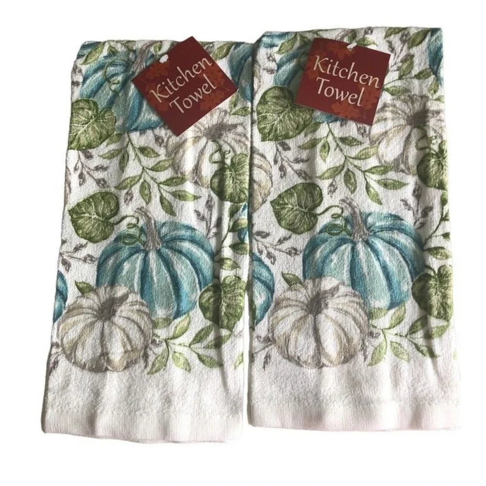 Thanksgiving Teal Pumpkins Kitchen Dish Towels Set of 2 Fall Harvest Autumn